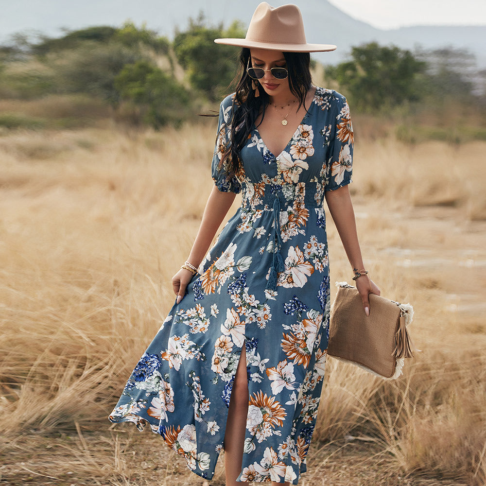 Floral V-Neck Elastic-Waist Beach Dress Main image