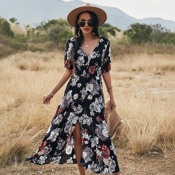 Floral V-Neck Elastic-Waist Beach Dress 5