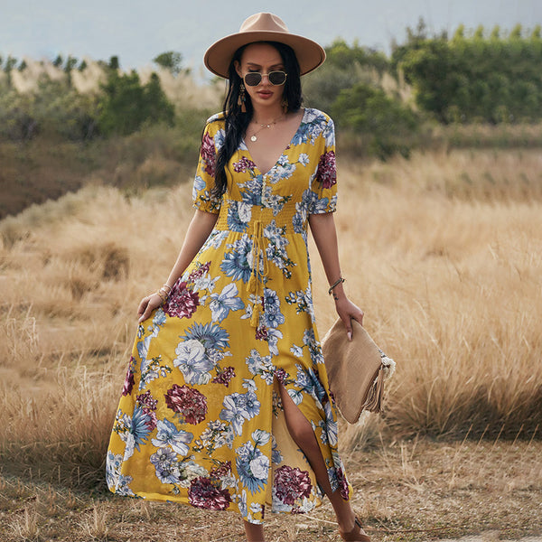 Floral V-Neck Elastic-Waist Beach Dress 4