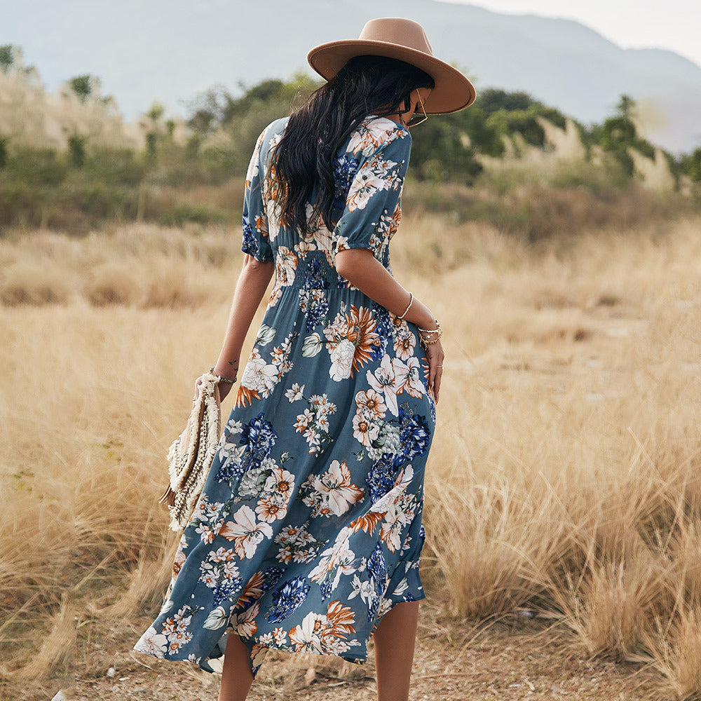 Floral V-Neck Elastic-Waist Beach Dress 6