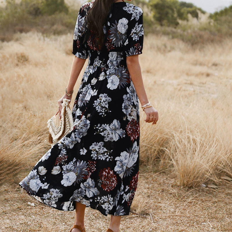 Floral V-Neck Elastic-Waist Beach Dress 3