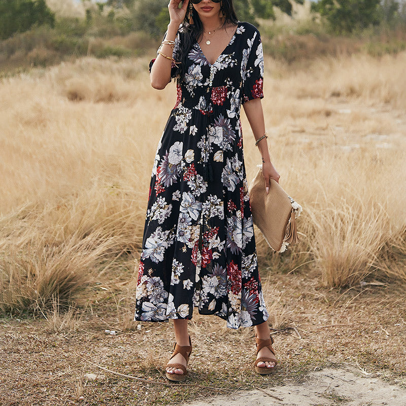 Floral V-Neck Elastic-Waist Beach Dress 7