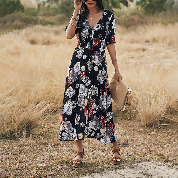 Floral V-Neck Elastic-Waist Beach Dress 7